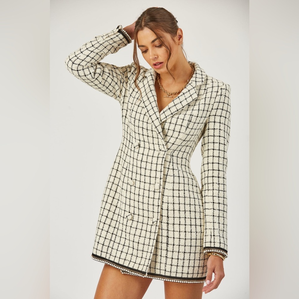 ISLA MAUDE Tweed Blazer Dress Cream Black Grid Pearl Trim XS NWT $158